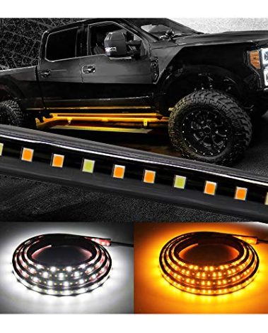 Truck LED Running Board Lights Amber Side Marker Kit, White Courtesy Lights Extended Crew Cab 2pc 48Inch 144 Led Bar Bed Light Switchback Underglow Strip for Pickup Trucks SUV Car Work (48Inch Board)