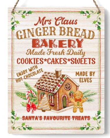 Christmas Gingerbread Bakery Sign Decorations Wood Sign Winter Decoration Wooden Signs Rustic Hanging Plaque Home Wall Art 8" x 10" Sign Wall Decor for Farmhouse Home Kitchen