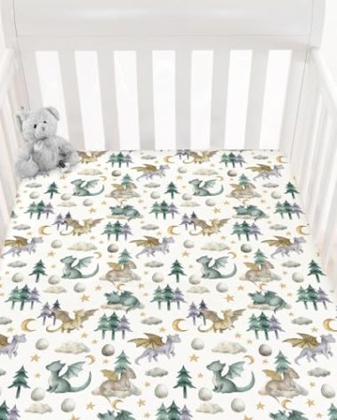 HawSkgFub Watercolor Cute Dragon Fairy Tale Fitted Standard Crib Sheet Baby Boy, Cloud Moon Star Dragons Egg Toddler Mattress Cover, Soft Breathable Stretchy Nursery Bed Sheets Decor Gift 52" x 28"