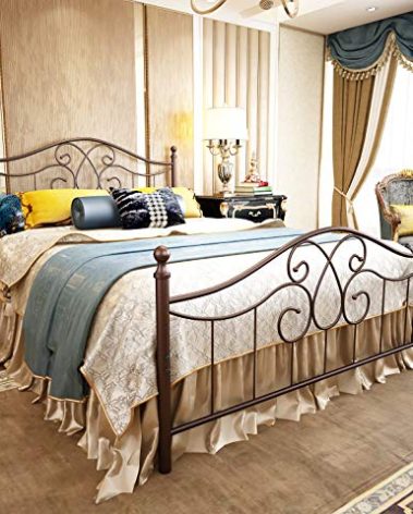 TUSEER Metal Bed Frame Queen Size with Vintage Headboard and Footboard Platform Base Wrought Iron Bed Frame (Queen,Antique Brown)