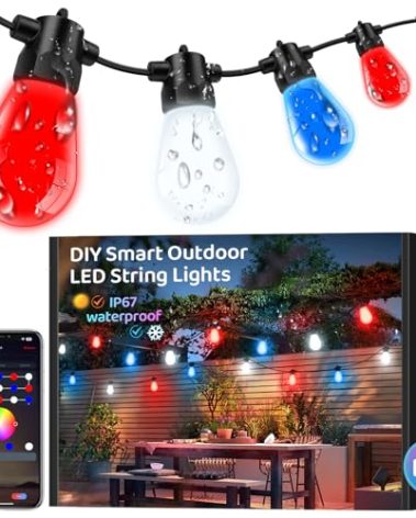 IP67 Waterproof DIY Design 100FT 30LEDS Smart RGB+IC Outdoor String Lights,Color Changing Bluetooth S14 LED Patio Lights with Remote&APP for Outside,Themable for Football Clubs,Patio,bar,café
