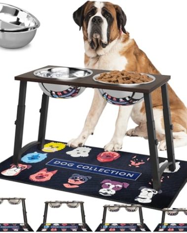 Elevated Dog Bowls for Large and X-Large Dogs, with Spill Proof Mat, 4 Heights Adjustable Wood Raised Dog Bowl Stand with Two Stainless Steel Food and Water Bowls, Non-Slip