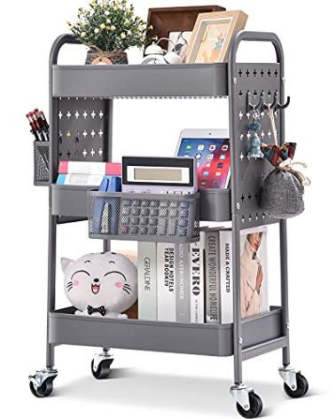 TOOLF 3-Tier Rolling Cart, Metal Utility Storage Cart with DIY Pegboards, Art Craft Trolley with Baskets Hooks, Serving Organizer Easy Assemble for Office, Home, Kitchen, Classroom (Grey)
