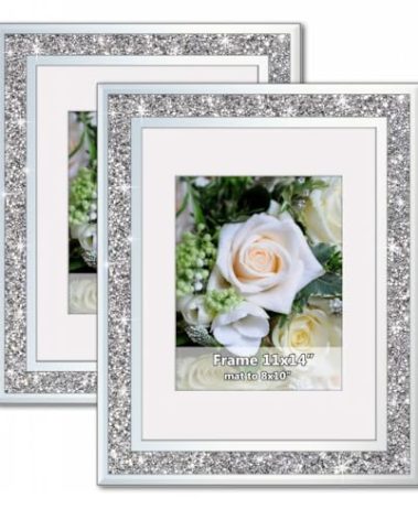 Crushed Diamond Wedding Mirror Photo Frame, Crystal Silver Glass Picture Frame For Photograph Size 11x14 inch With Mat for 8x10 inch, Pack of 2 Pieces Wall Frame. Bling Sparkle Diamond Home Decor.