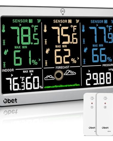 Weather Stations with 3 Sensors Indoor Outdoor Thermometer Wireless Large Display Adjustable Backlight with 500 feet Range Silver