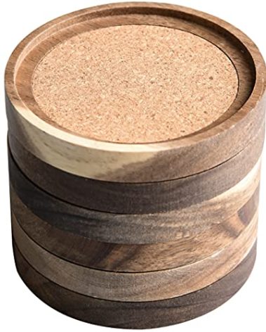 Acacia Wood Coasters for Drinks, 4.13 Inch, Set of 6, Absorbent and Insulation Cork Stackable Cup Holders, Rustic Coasters for Wooden Table, Designed by S1EGAN