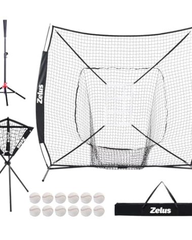 ZELUS Baseball Net Kit with Tee and Strike Zone, 7x7ft Softball Training Equipment for Hitting and Pitching, Portable Indoor Outdoor Batting Practice Net with Carry Bag Ball Caddy & 12 Baseballs