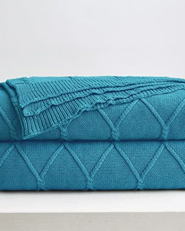 Longhui bedding 100% Cotton Lake Blue Lightweight Cable Knit Throw Blanket with Bonus Laundering Bag for Couch Sofa Bed – 50 x 63 Inch, Machine Washable, Home Décor, Teal