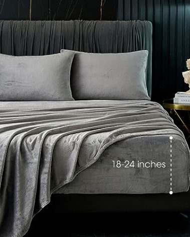 HYPREST Flannel Sheets Queen, Extra Deep Pocket Sheet Set Up to 24" Inches,250 GSM Velvet Plush Fleece Sheets Warm No Slip Bed Sheet Sets Grey