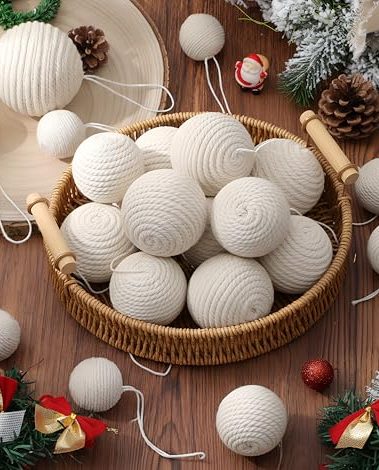 Gejoy 24 Pcs Christmas Ball Ornaments 3.15 2.36 1.57 Inch Boho Hanging Farmhouse Balls Burlap Neutral Rustic Ornaments for Home Xmas Tree Wreath Garland Holiday Party Decoration
