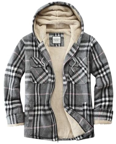 WINDFIT Women's Full Zip Fleece Flannel Jacket Plaid Sherpa Lined Jacket for Women Grey X-Large