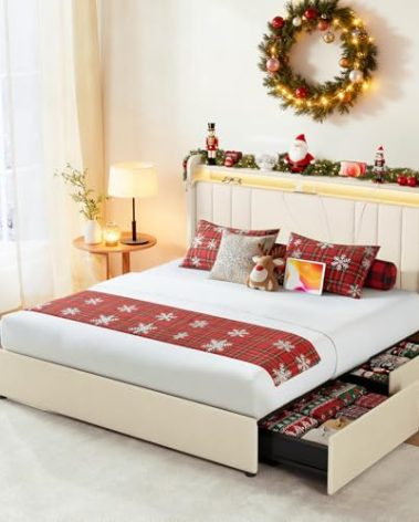 Koorlian Queen Bed Frame with Storage, Tall Headboard Upholstered Platform Bed with 4 Dustproof Drawers, 2-Tier Storage Headboard Wingback, LED Light & Charging Station, 47''-51'' Height Adjust, Beige