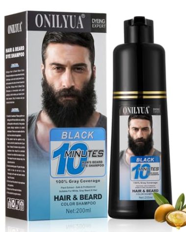 Onilyua Men's 3 in 1 Black Beard Dye Shampoo, Simpler Color for Men's Beard & Mustaches, Long Lasting Gray Reducing 200 ml