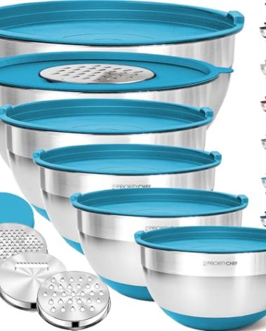 Priority Chef 6Pc Large Mixing Bowls With Lids Set with Non-Slip Bases, Stainless Steel Mixing Bowl Set, 6 Airtight Lids and 3 Graters, Turquoise