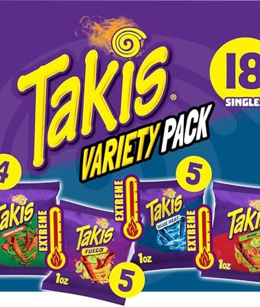 Takis 18 pc / 1 oz Variety Pack, Assorted Flavored Mixed Rolled Tortilla Chips – (5) Fuego, (5) Blue Heat, (4) Nitro, (4) Crunchy Fajitas