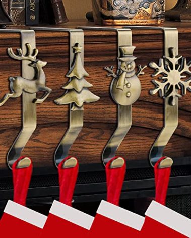 OUFINI Christmas Stocking Holders for Mantle-Christmas Stocking Hangers for Mantel Set 4,Stocking Hooks for Mantle, Stocking Holders for Fireplace Mantle,Stocking Holders for Christmas Bronze