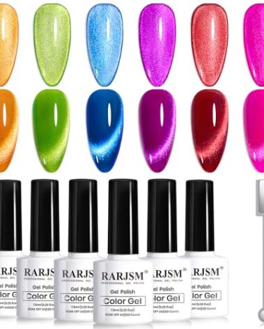 RARJSM 9D Neon Cat Eye Gel Nail Polish Set 6 Colors Velvet Silver Glitter Bright Orange Blue Red Green Rose Purple Ice Gel Polish with Magnet Stick UV LED Curing Requires Soak Off Home Salon Diy