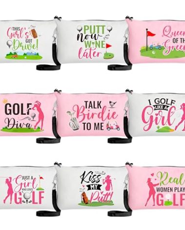 R HORSE 9Pcs Golf Makeup Bag Inspirational Gifts for Women Girls, Pink Canvas Cosmetic Toiletry Pouch Bag Christmas Birthday Gifts for Golf Team Player Lover Fan