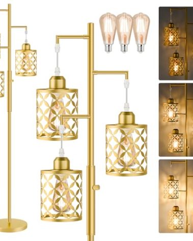 【Upgraded】72" Tall Dimmable Floor Lamp, Modern Standing Lamp with Elegant Metal Cages, Industrial Tree Floor Lamps for Living Room, Bedroom, Study Room, Office (3 x 800LM LED Bulbs Included) - Gold
