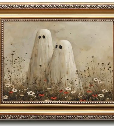 uniro Vintage Gold Framed Wall Art, Vintage Cute Ghosts in Wildflower Meadow Canvas Painting, Spooky Fall Halloween Wall Art Prints Ghost Decor, Moody Ghost Posters Pictures for Living Room, Bedroom, Bathroom, Halloween Room Decor, Gothic Home Decor Aesthetic - 9x12Inch