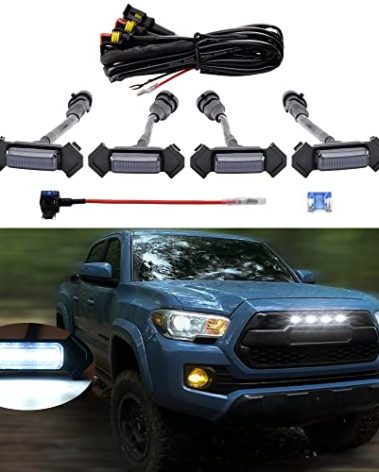 MEALAM White LED Lights 4PCS Front Grille Raptor Lamps Car Accessories with Harness and Fuse, Compatible with 2016 2017 2018 2019 Toyotaa Tacoma TRD Pro