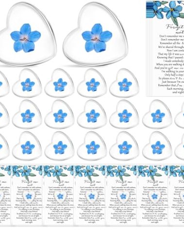 Cunno 50 Sets Forget-me-not Flower Gift Set, Heart-shaped Dried Pressed Flower Keepsakes with Sympathy Cards and Bags, Memorial Remembrance Tokens for Funeral, Wedding, Baptism Ornament Favors