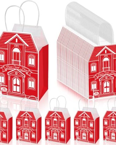 Colarr 50 Pcs House Shaped Gift Bag Real Estate Agent Supplies Real Estate Treat Bag with Handles Kraft for Home Party Gift Shopping Business New Home Buyers Agent Supplies(Red)