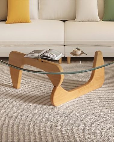 Mid Century Modern Glass Coffee Table, Small Coffee Table for Living Room, Elegant and Functional Coffee Tables, Suitable for Bedroom Living Room Reception Office Tables（Wood/Transparent，Small）