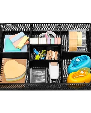 CAXXA Mesh 3 Slot Desk Drawer Organizer with Four Adjustable Dividers - Black