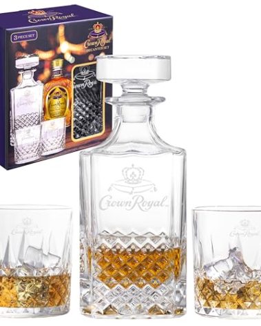 Crown Royal Glass Whiskey Decanter Set – 750ml Decanter with Two 10oz Glasses – Officially Licensed Barware for Bourbon, Scotch & Cocktails Compatible