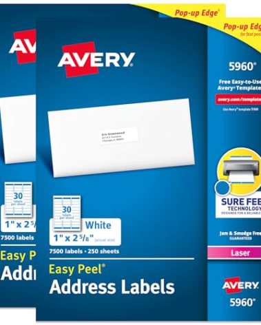Avery Easy Peel Printable Address Labels with Sure Feed, 1" x 2-5/8" Customizable Stickers, White, 15,000 Blank Mailing Labels, Great for Mailing, Shipping, and More (2-Pack of 5960)