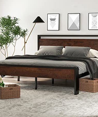 SHA CERLIN 14 Inch King Size Metal Platform Bed Frame with Wooden Headboard and Footboard, Mattress Foundation, No Box Spring Needed, Large Under Bed Storage, Mahogany