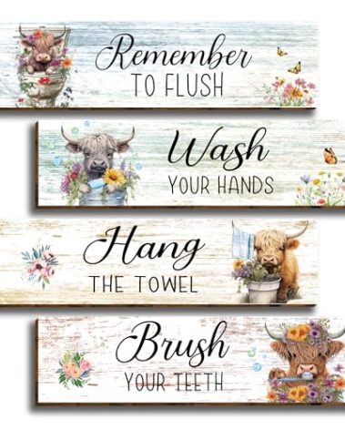 Highland Cow Bathroom Wall Decor - Rustic 4 Piece Signs: Wash Hands, Brush Teeth, Toilet, Restroom