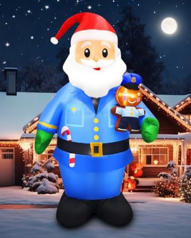 7FT Christmas Decorations Inflatable Policeman Santa Claus Blow Up Blue Uniform Santa with Gingerbread Candy Cane & LED Xmas Winter Decor for Outdoor Indoor Party Lawn, Garden, Patio, Home Oraments