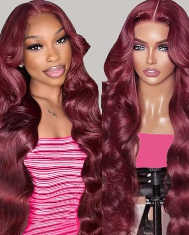 30 Inch 99j Burgundy Lace Front Wigs Human Hair Glueless Wine Red Colored Body Wave Wig Human Hair Pre Plucked with Baby Hair 180% Density 13x4 HD Transparent Frontal for Women 99j Wigs