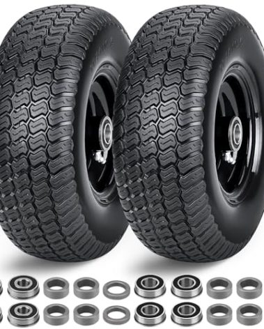 11x4.00-5 Flat Free Lawn Mower Tires and Wheel,2 Pack Zero Turn Lawn Mower Replacement Tires,11x4-5 Solid Tractor Turf Tire with Rim,3.4" Centered Hub and 3/4" & 5/8" & 1/2" bearings with Adapter Kit