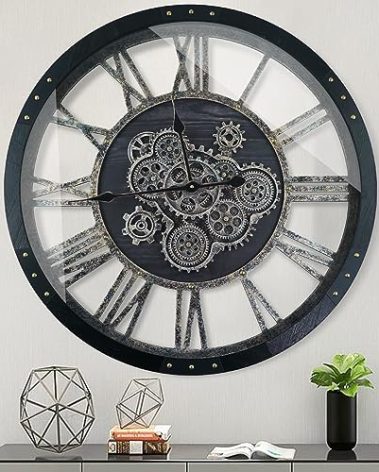 TOPPTIK 24 Inch Moving Gear Wall Clock, Oversized Wall Clocks, Clock Living Room Decor, Solid Wood Frame, Battery Operated, Large Wall Clock with Steampunk Industrial for Fireplace(Black)