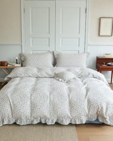 BuLuTu Chic Shabby Floral Girls Boys Duvet Cover Twin Size, Blue Flower Print Kids Duvet Cotton Muslin Soft Breathable Ruffled Quilt Cover Children Bedding, Zipper Closure