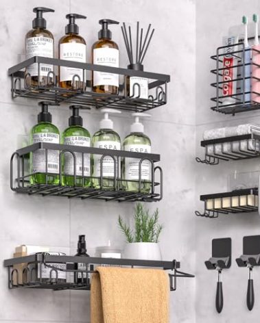 DTUQYX Shower Caddy 9 Pack,Adhesive Organizer for Bathroom Decor Accessories & Kitchen Storage,No Drilling,Large Capacity,Rustproof Stainless Steel Organizer,Home Decor Shelves (black)