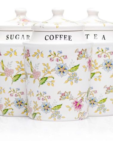 Small Coffee Tea Sugar Canister Set with Airtight Lids - Elegant Flower Kitchen Canisters Set of 3 Pantry Jars Containers - Decorative Ceramic Canister Set for Countertop or Coffee Bar - 13.5 Ounce