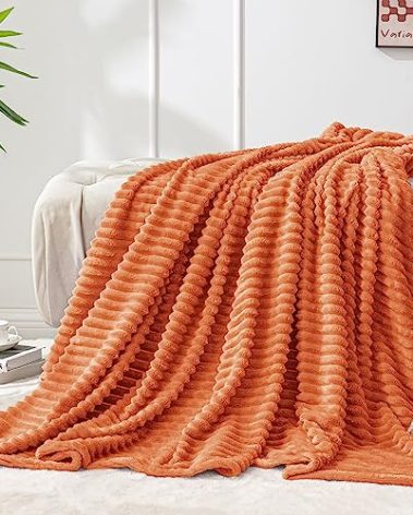 BEDELITE Fleece Blanket Twin Size – 3D Ribbed Jacquard Soft and Warm Decorative Fuzzy Blankets – Cozy, Fluffy, Plush Lightweight Throw Blankets for Couch, Bed, Sofa(Orange, 60x80 inches)