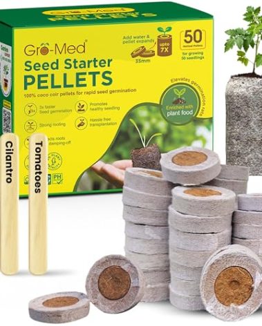 Gro-Med Organic Coco Coir Seed Starter Pellets NPK Enriched 50 Pcs, 35mm Perfect to Grow Herbs, Vegetables, Flowers,Fruits Seedlings, Compressed Coconut Coir Soil Plugs - Easy to Transplant in Pot