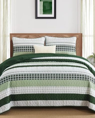 DJY Striped Quilt Set King Size, Green Boho Bedspread Set 3 Pieces Patchwork Coverlet Bedding Set Lightweight Soft Microfiber for All Season (104"x90")