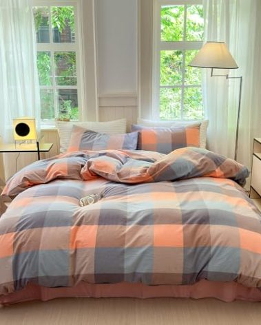 FACE TWO FACE Bedding Duvet Cover Set100% Washed Cotton Duvet Cover Linen Like Textured Breathable Durable Soft Comfy (California King, Cookie Powder Grid)