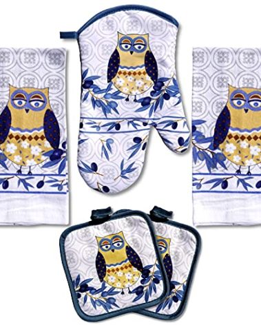 Lobyn Value Packs: Whimsical Blue Owl 5 Piece Kitchen Towel Set, Includes 2 Decorative Dish Towels, 1 Oven Mitt & 2 Potholders for Enchanting Style