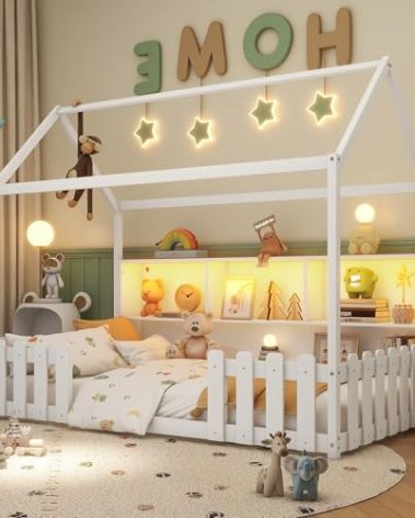 Mirightone Twin House Floor Beds, Montessori Floor Bed with Storage Shelves & Fence, Wood Playhouse Bed Frame with LED Lights Strips for Teens, Girls, Boys, White