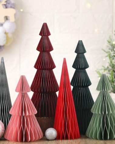 Watersay 6 Pcs Neutral Christmas Tree Honeycomb Centerpiece Minimalist 3D Paper Trees Centerpiece Modern Christmas Decor Rustic Reusable Table Decoration for Home Decor Xmas Gift(Green, Red)