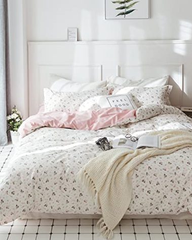 HighBuy Girl Floral Duvet Cover Queen Cotton Pink Flower Coquette Bedding Comforter Covers Queen Bedding Set Pink White Lightweight Soft for Girls Garden Style Duvet Cover for Children