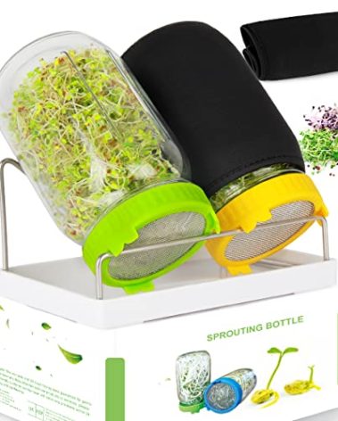 Kitmiido Seed Sprouting Kit, 2 Large Wide Mouth Mason Jars with Sprout Lids, Blackout Sleeves, Drain Tray, Stainless Steel Stand, Sprouts Growing Kit for Bean, Broccoli, Alfalfa (Yellow+Green)
