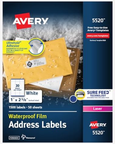 Avery Waterproof Sticker Labels for Printer - 1" x 2-5/8" Mailing Labels, Ultrahold Permanent Adhesive, Laser Printers, 1,500 Printable Avery Address Label Sheets (5520)
